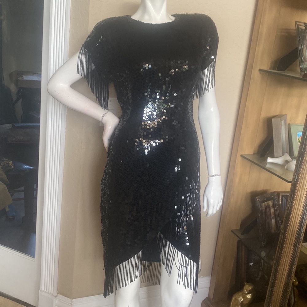 Vintage Susan Rose Black Beaded Fringe Cocktail Dress Sz 6